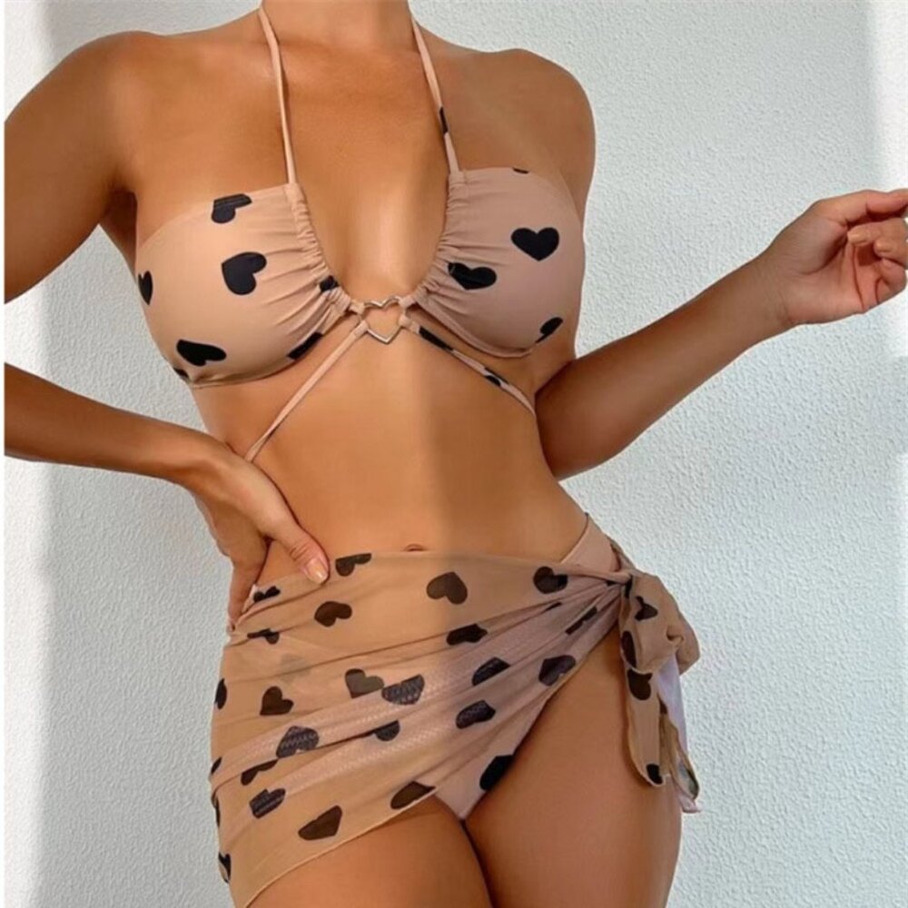 Bikini & three piece printed heart pattern Set